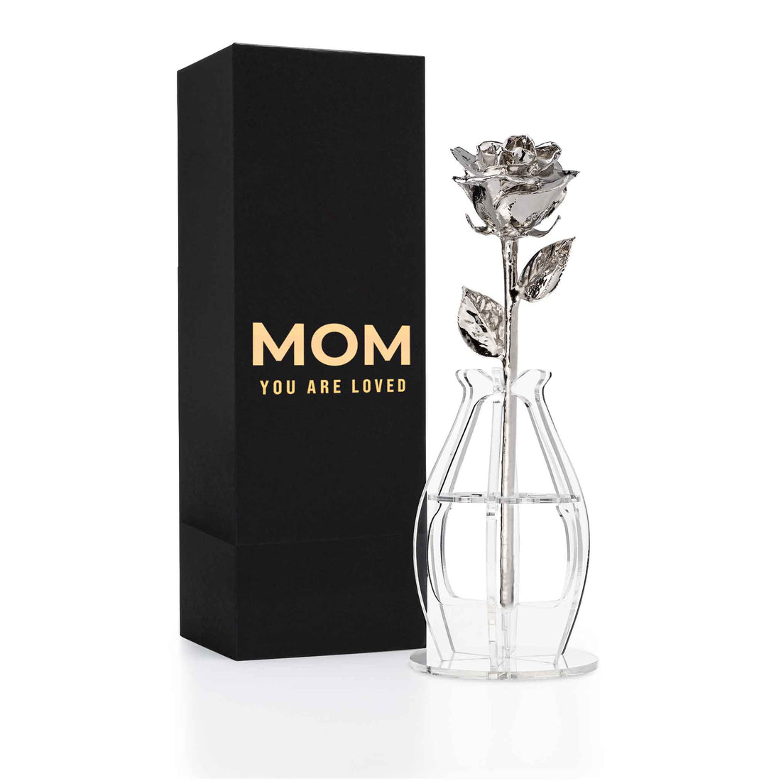 "Mom You Are Loved" Personalized Platinum Forever Rose Combo with Bloom Box & Phantom Vase™ Combo