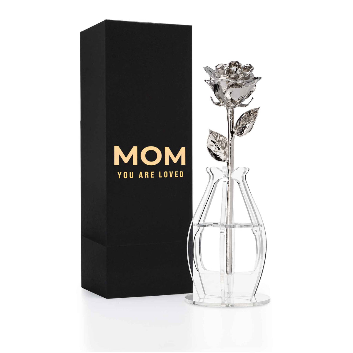&quot;Mom You Are Loved&quot; Personalized Platinum Forever Rose Combo with Bloom Box &amp; Phantom Vase™ Combo