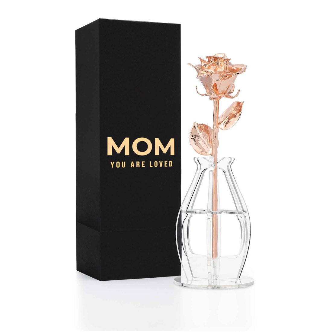 "Mom You Are Loved" Personalized Rose Gold Forever Rose Combo with Bloom Box & Phantom Vase™ Combo