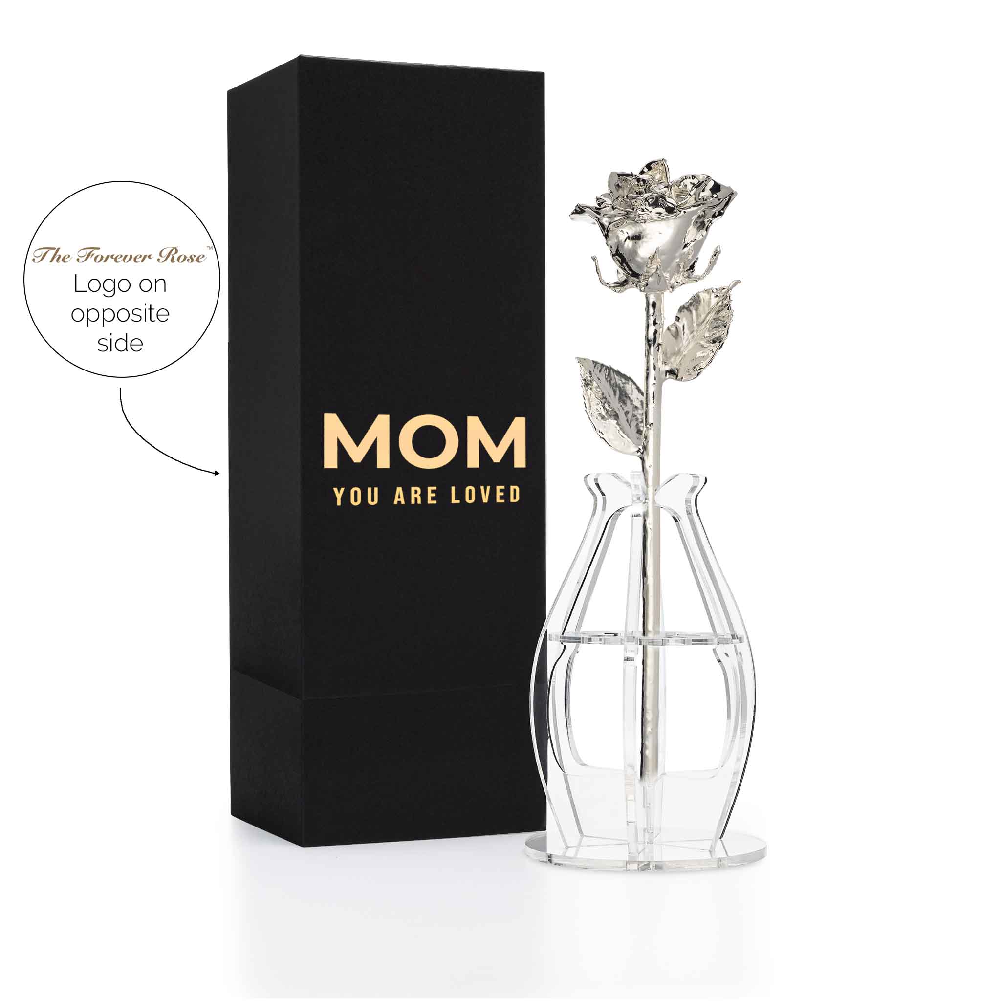 "Mom You Are Loved" Personalized Silver Forever Rose Combo with Bloom Box & Phantom Vase™ Combo