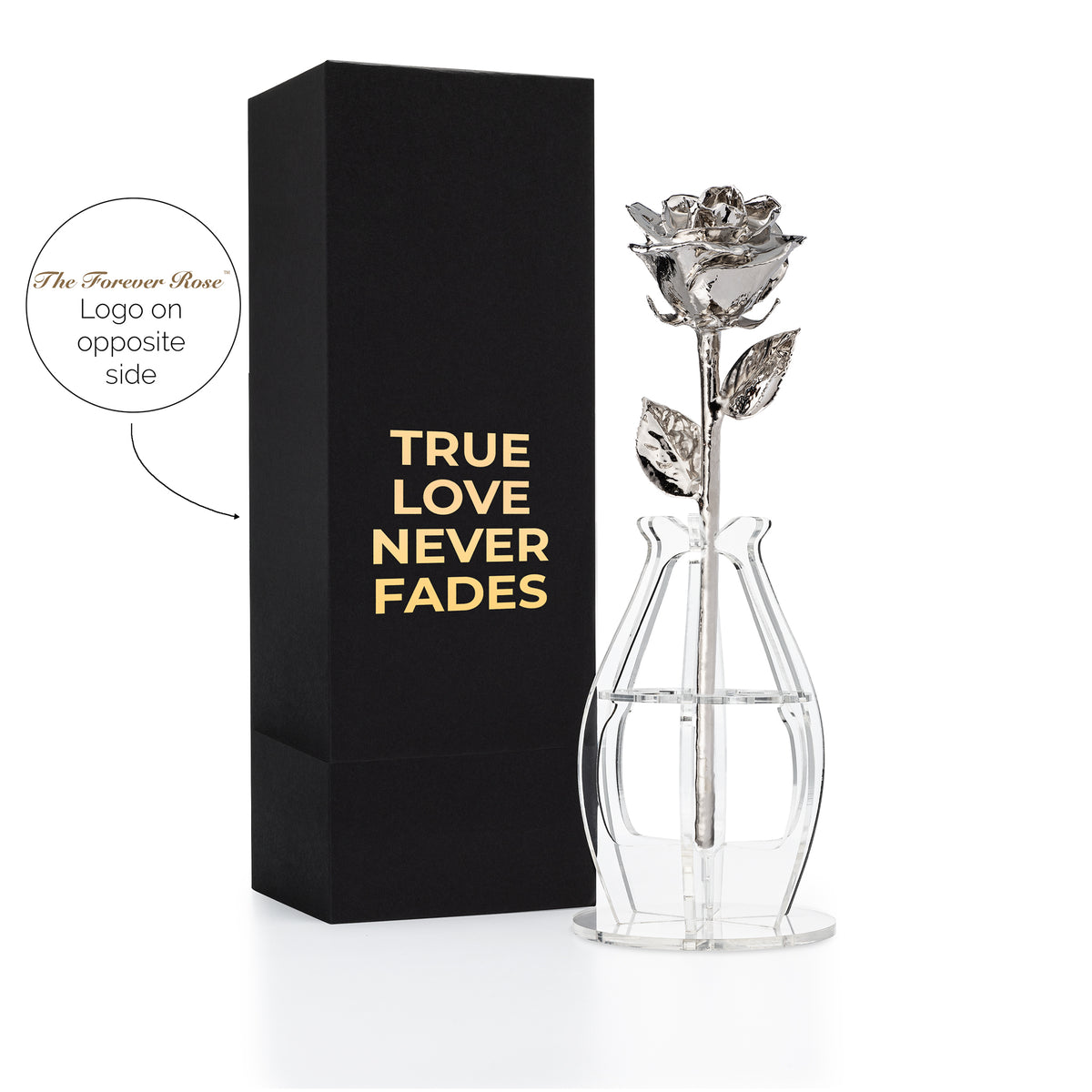 &quot;True Love Never Fades&quot; Personalized Platinum Forever Rose Combo with Bloom Box &amp; Phantom Vase™ Combo