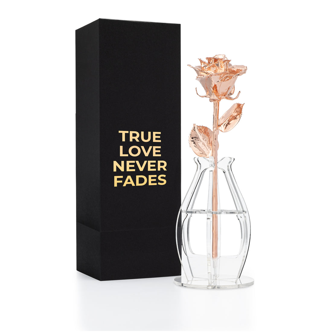"True Love Never Fades" Personalized Rose Gold Forever Rose Combo with Bloom Box & Phantom Vase™ Combo