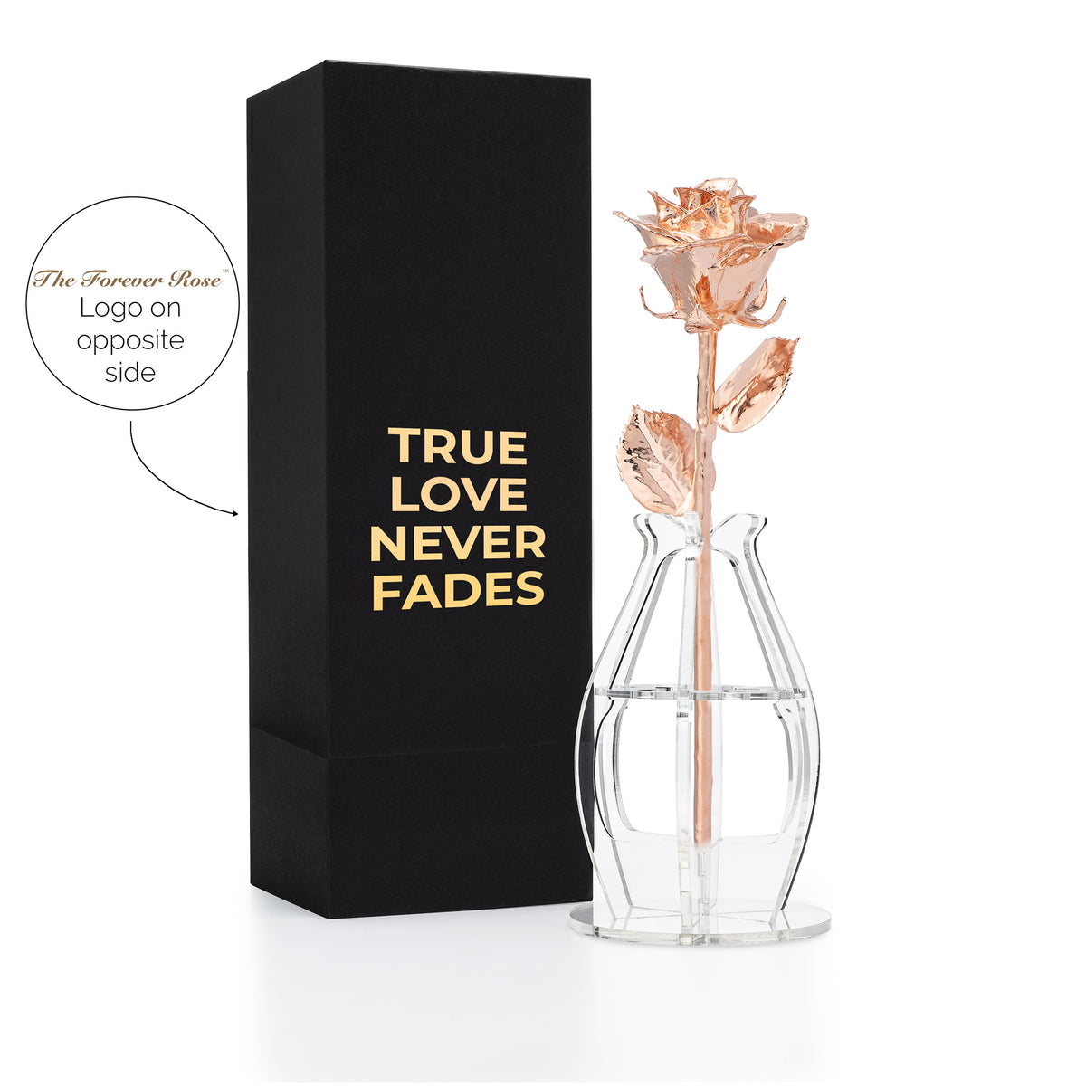 &quot;True Love Never Fades&quot; Personalized Rose Gold Forever Rose Combo with Bloom Box &amp; Phantom Vase™ Combo