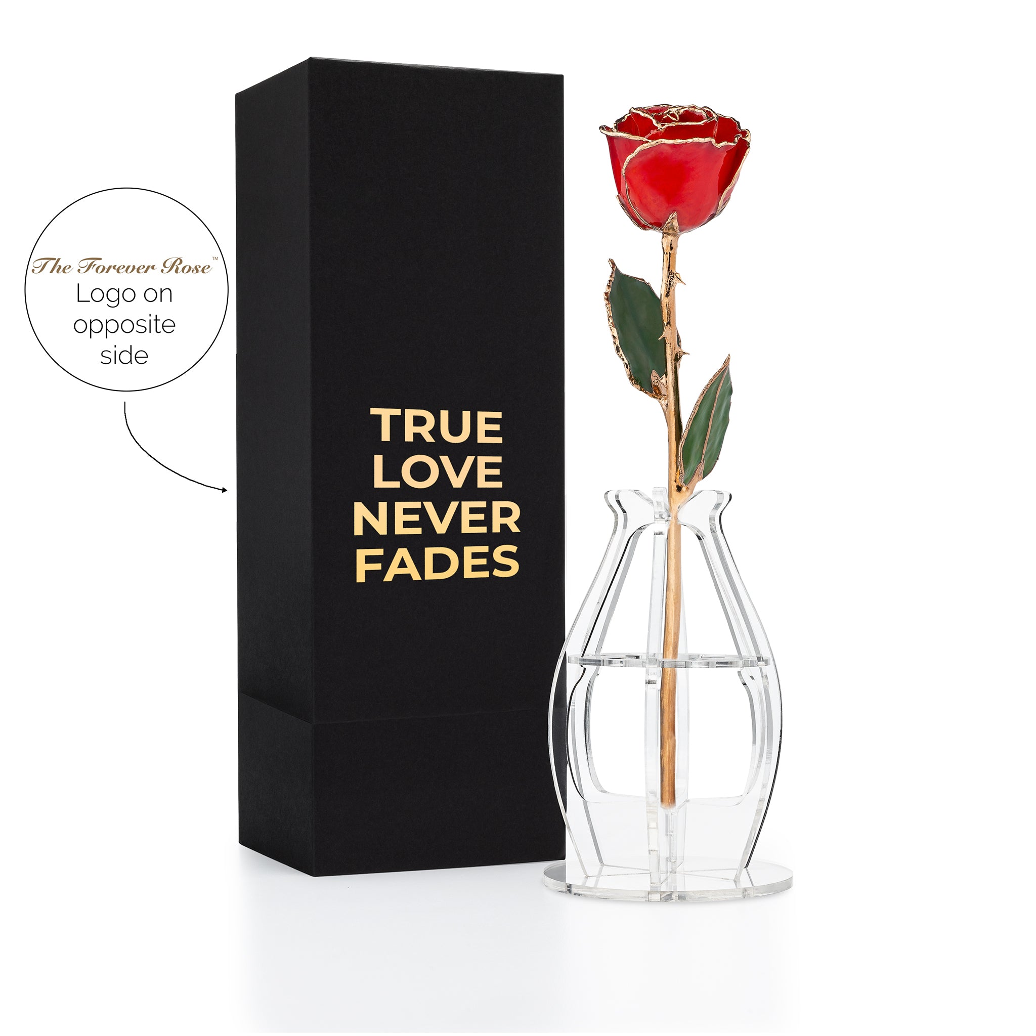 "True Love Never Fades" Personalized 24K Gold Trim Red Forever Rose Combo with Bloom Box & Phantom Vase™ Combo