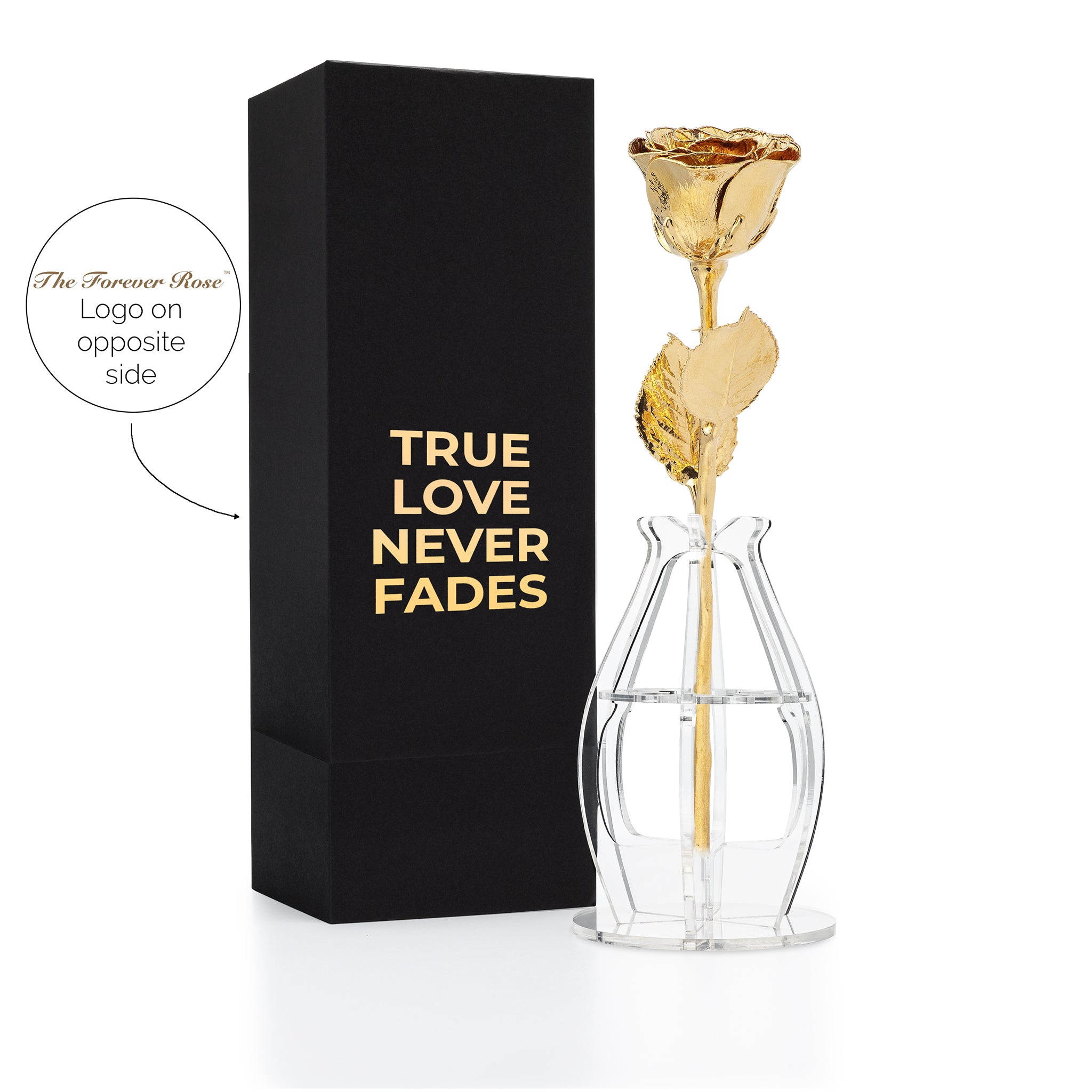 "True Love Never Fades" Personalized High Detail 24K Gold Forever Rose Combo with Bloom Box & Phantom Vase™ Combo