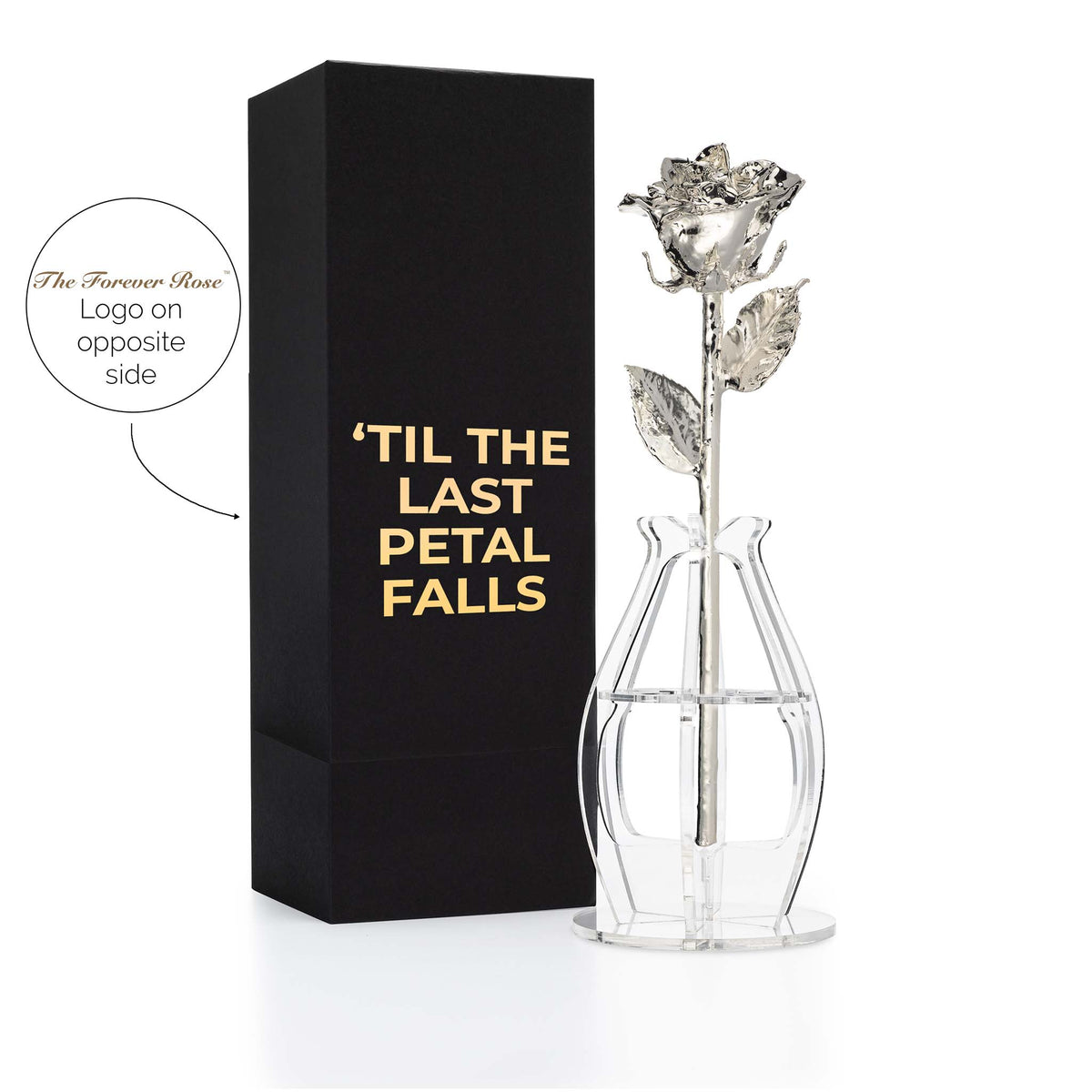 &quot;&#39;Til The Last Petal Falls&quot; Personalized Silver Forever Rose Combo with Bloom Box &amp; Phantom Vase™ Combo