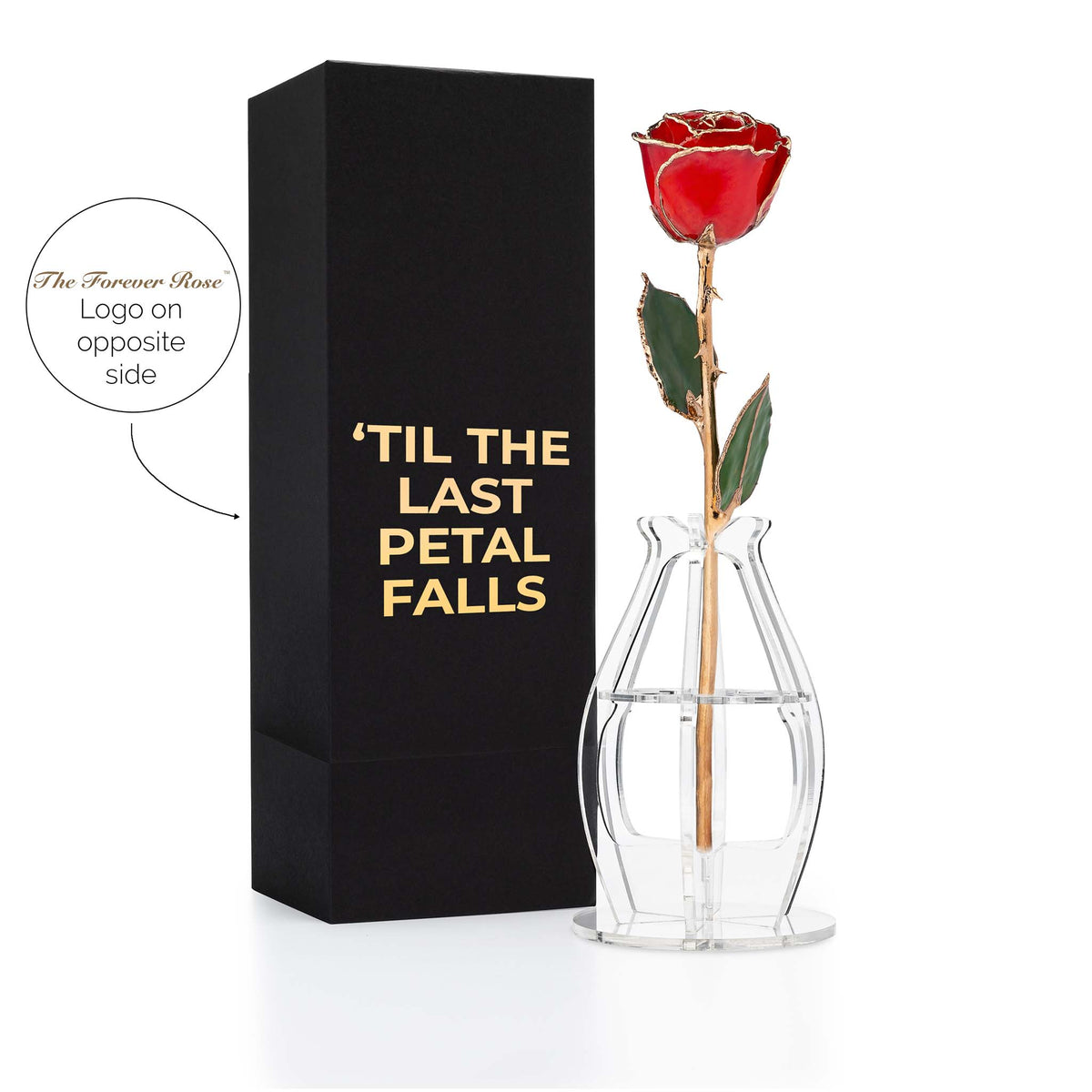 &quot;&#39;Til The Last Petal Falls&quot; Personalized 24K Gold Trim Red Forever Rose Combo with Bloom Box &amp; Phantom Vase™ Combo