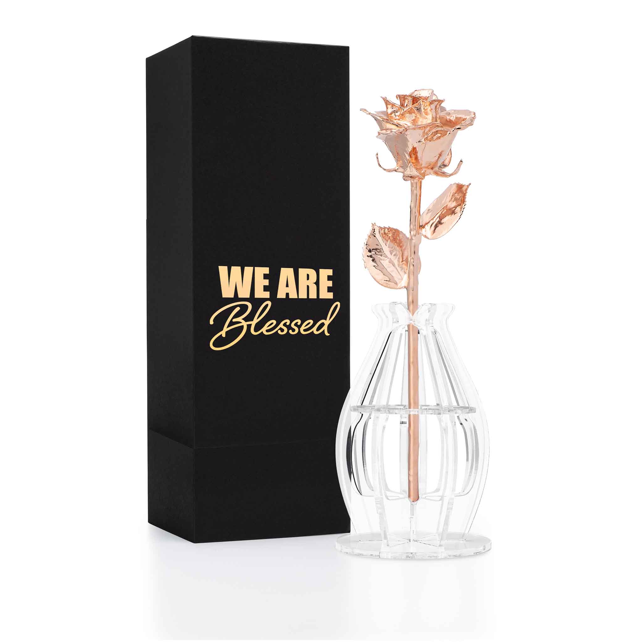 "We Are Blessed" Personalized Rose Gold Forever Rose Combo with Bloom Box & Phantom Vase™ Combo