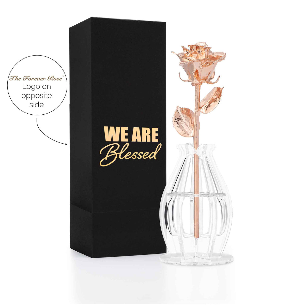 &quot;We Are Blessed&quot; Personalized Rose Gold Forever Rose Combo with Bloom Box &amp; Phantom Vase™ Combo