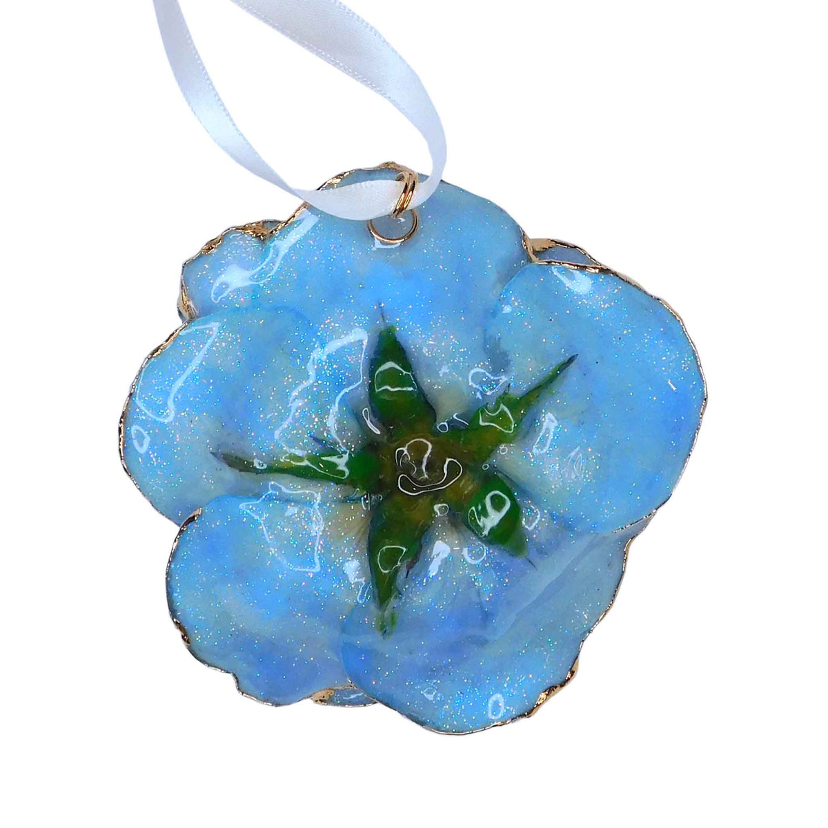 Forever Rose Ornament - 24K Gold Trim Frozen Blue Sparkle