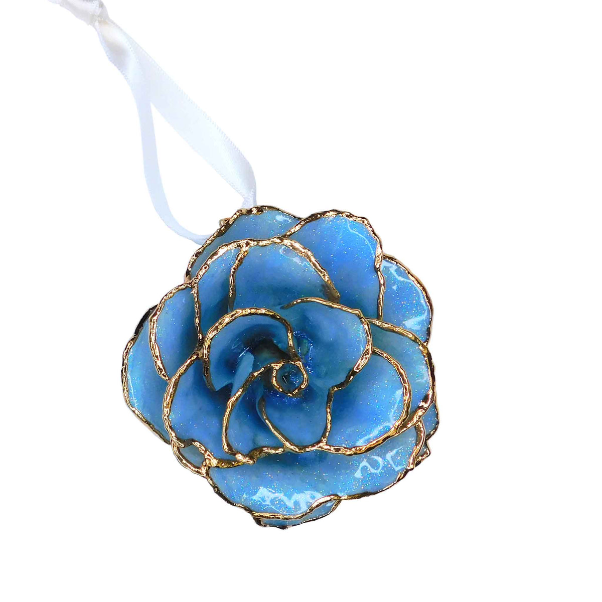 Forever Rose Ornament - 24K Gold Trim Frozen Blue Sparkle