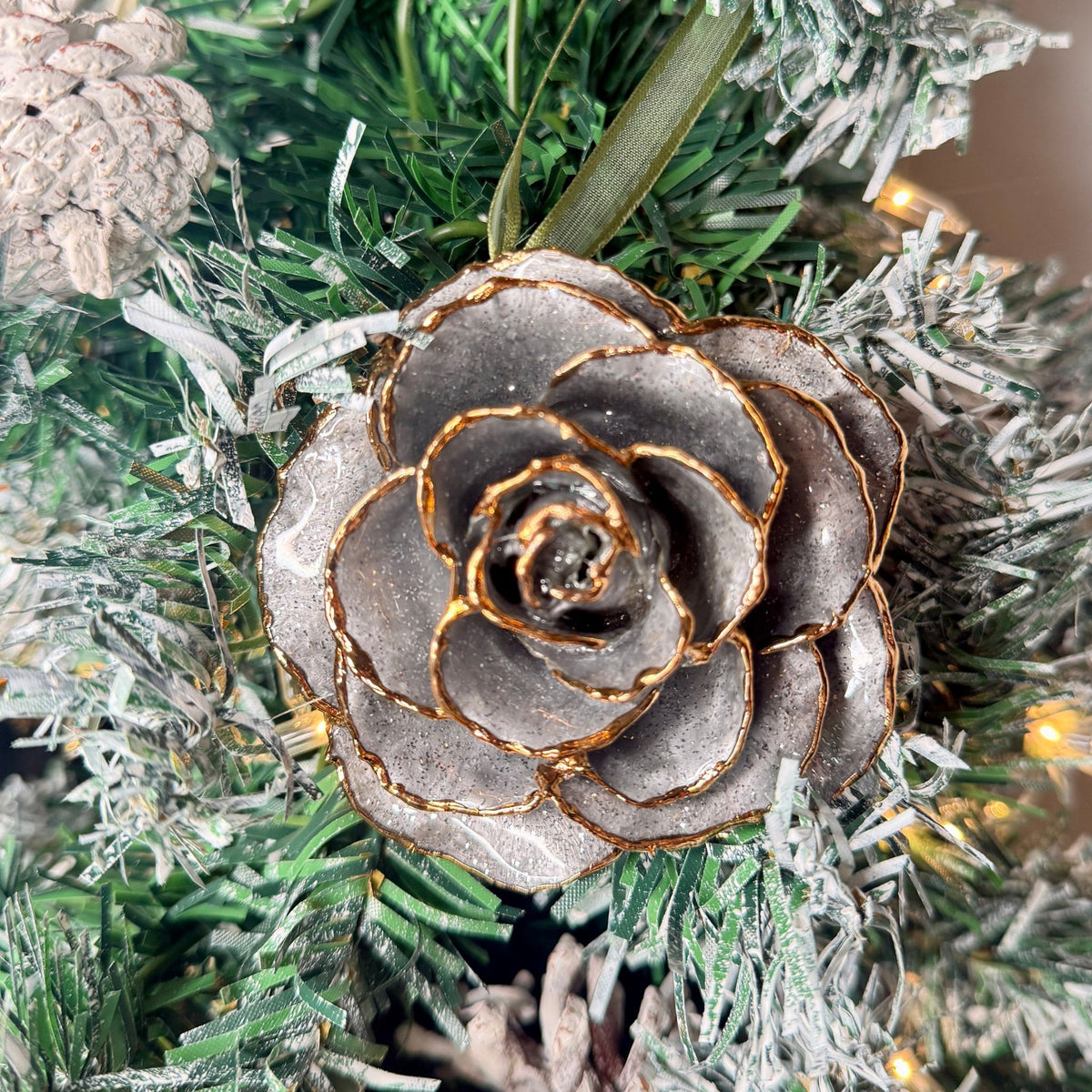 Forever Rose Ornament - 24K Gold Trim Silver Bells