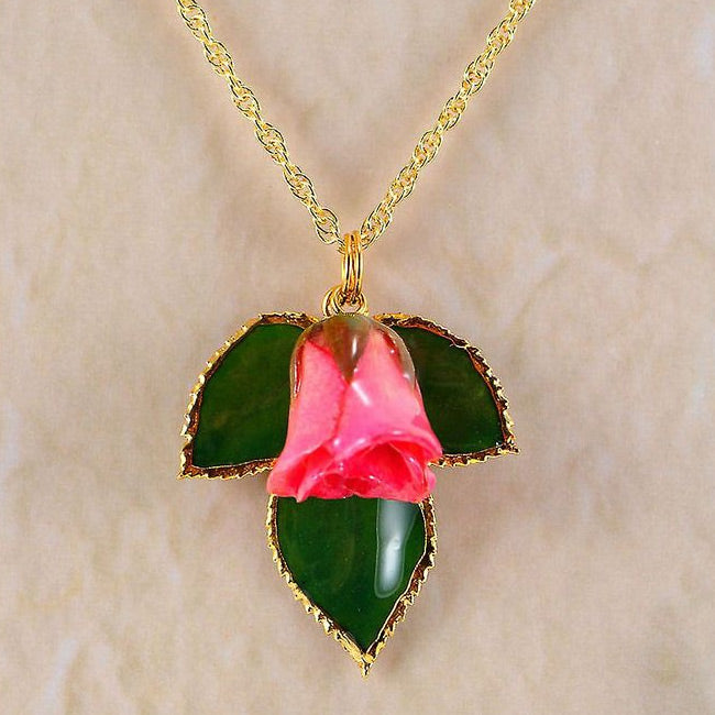 Real Forever Rose Bud w/leaves Necklace