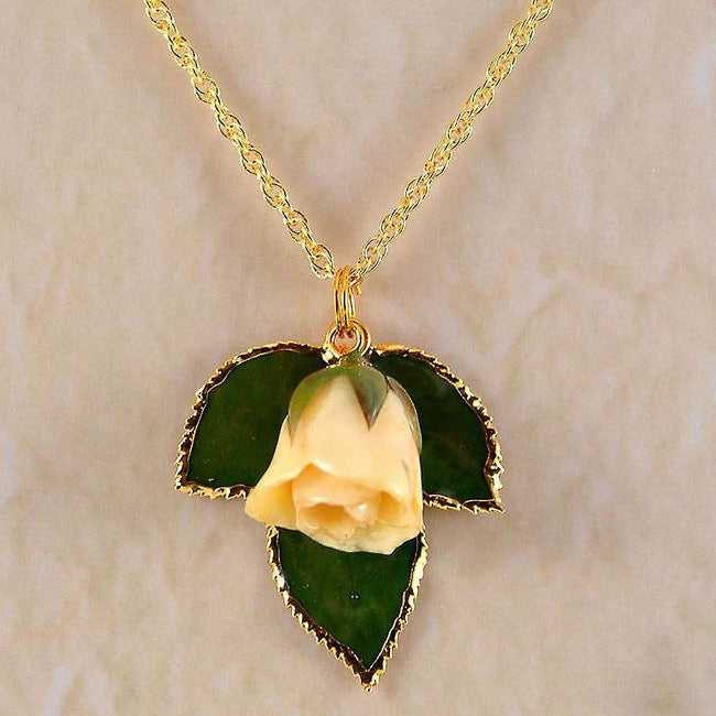 Real Forever Rose Bud w/leaves Necklace