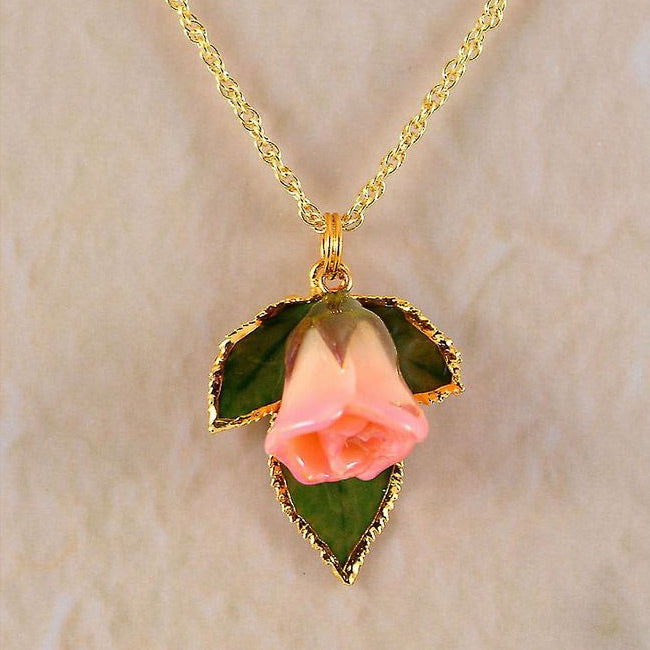 Real Forever Rose Bud w/leaves Necklace