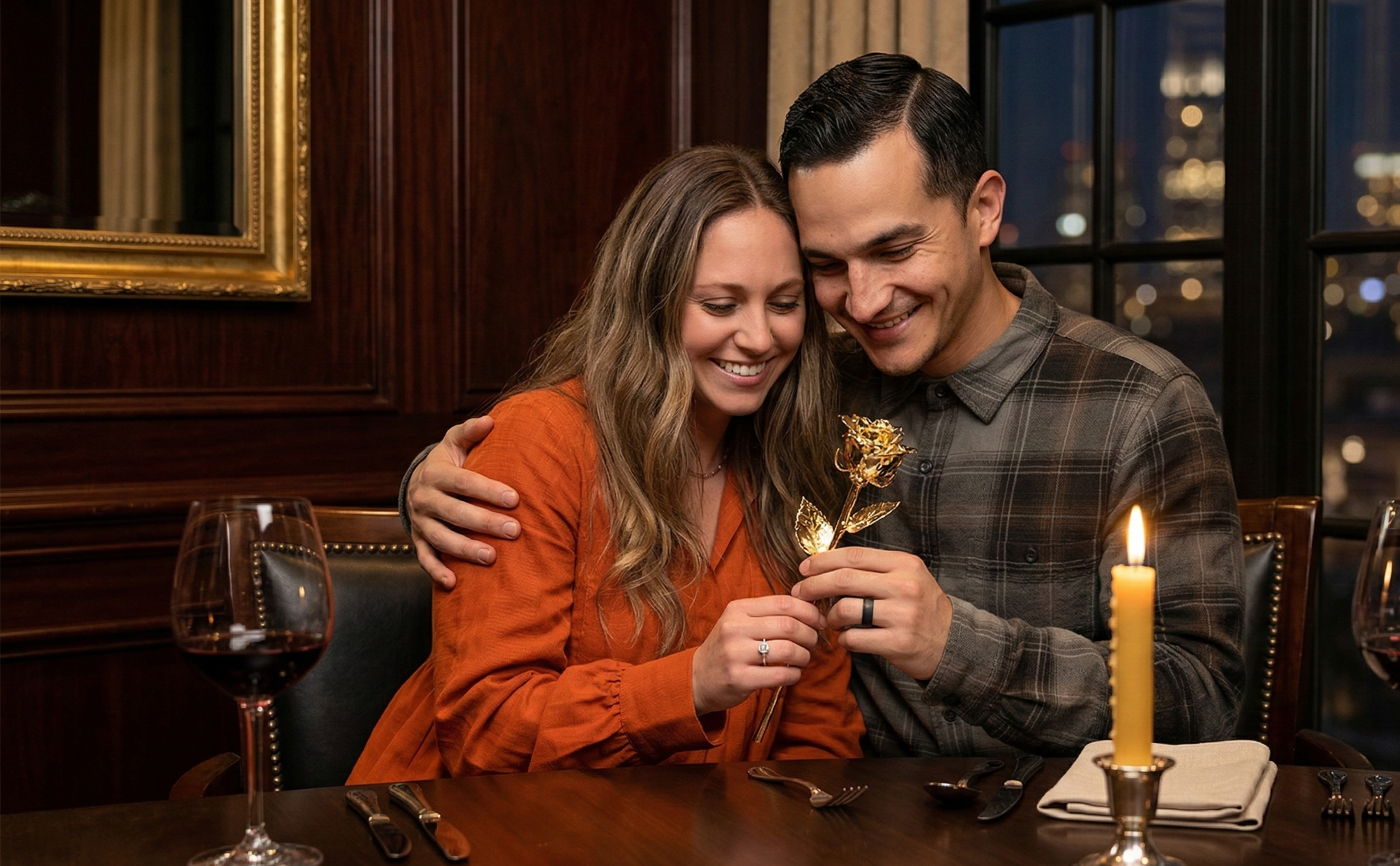 Couple celebrating with a gold candle and wine glasses in a cozy indoor setting.