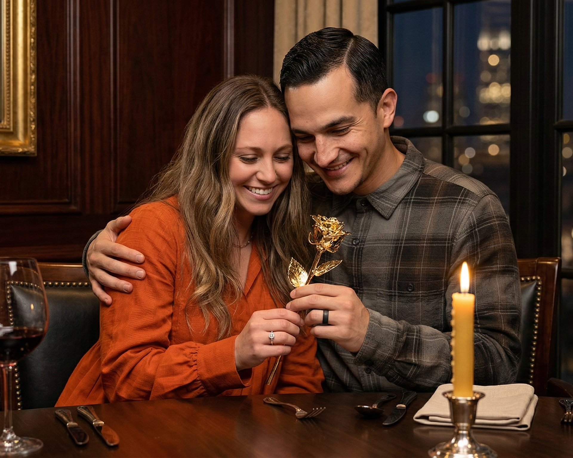 Couple celebrating with a gold candle and wine glasses in a cozy indoor setting.