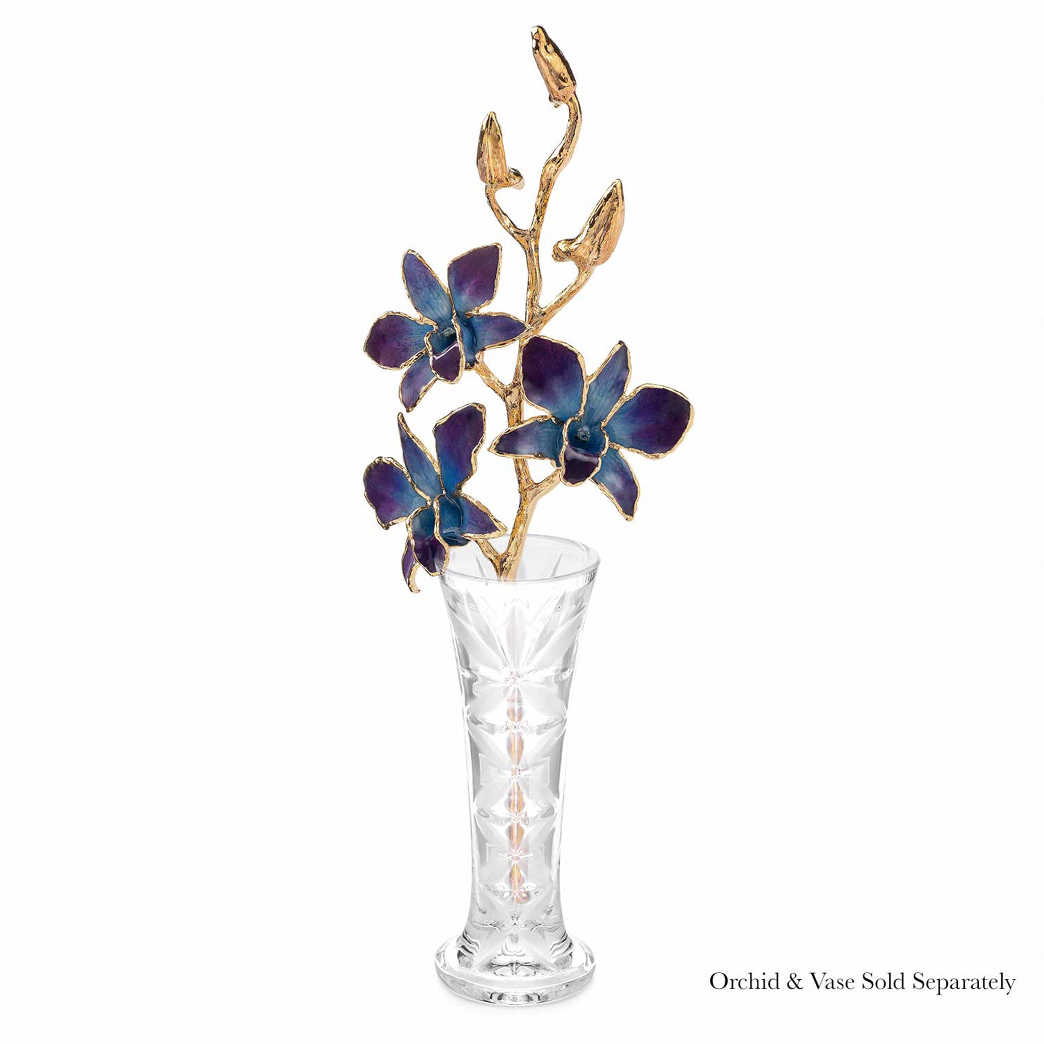 24K Gold Dipped Orchid in Lilac Blue view of gold stem and flowers in optional crystal vase