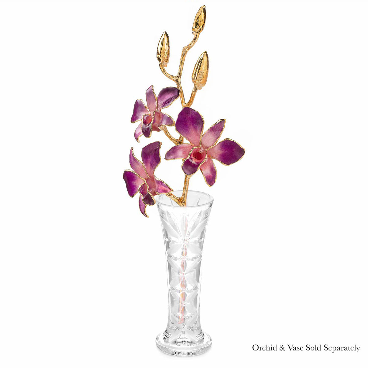 24K Gold Dipped Orchid in Lilac Pink view of gold stem and flowers in optional crystal bud vase