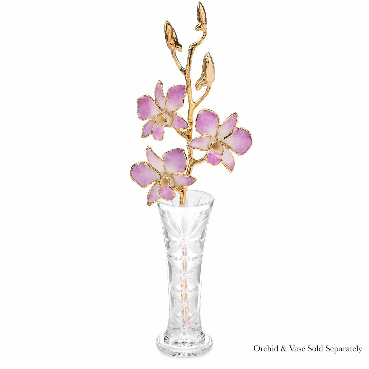 24K Gold Dipped Orchid in Lilac view of gold stem and flowers in an optional crystal bud vase