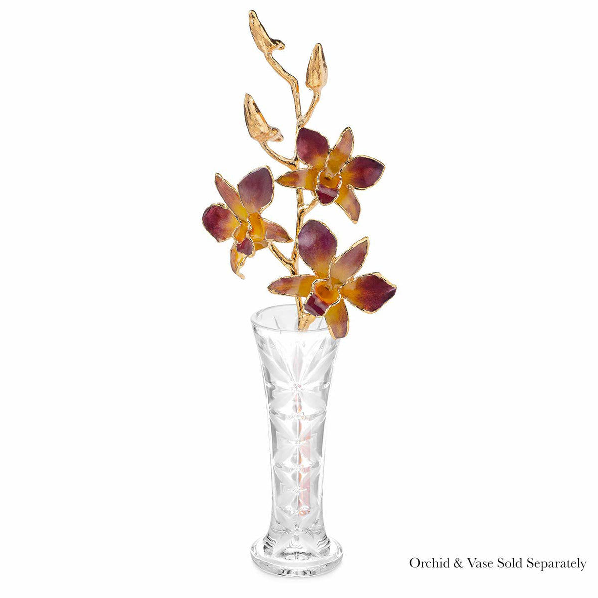 24K Gold Dipped Orchid in Lilac Yellow view of gold stem and flowers in optional crystal bud vase