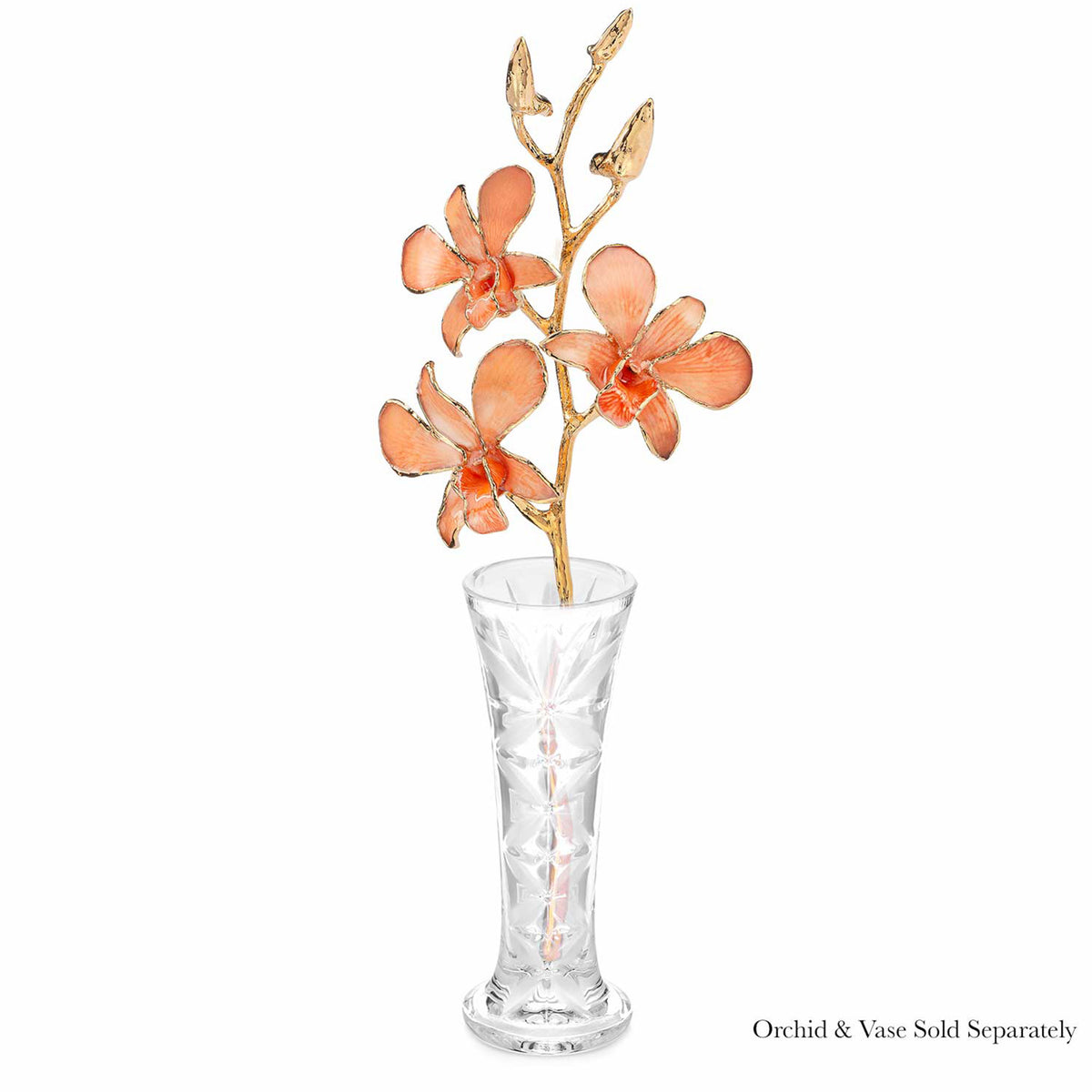 24K Gold Dipped Orchid in Peach view of gold stem and flowers in optional crystal bud vase