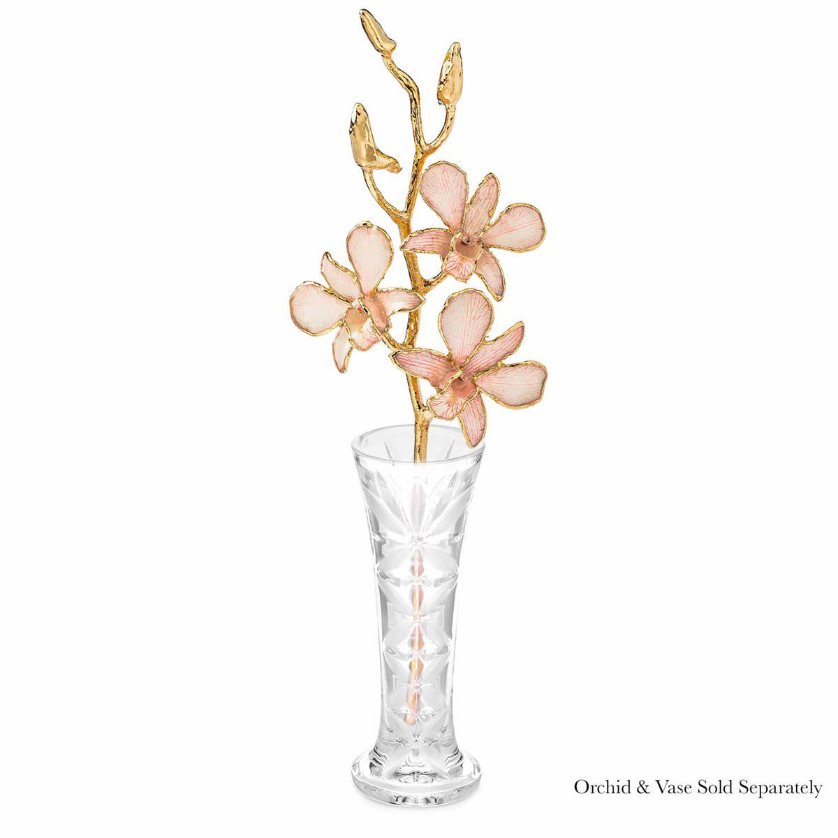 24K Gold Dipped Orchid in Pink Lace view of gold stem and flowers in optional crystal vase