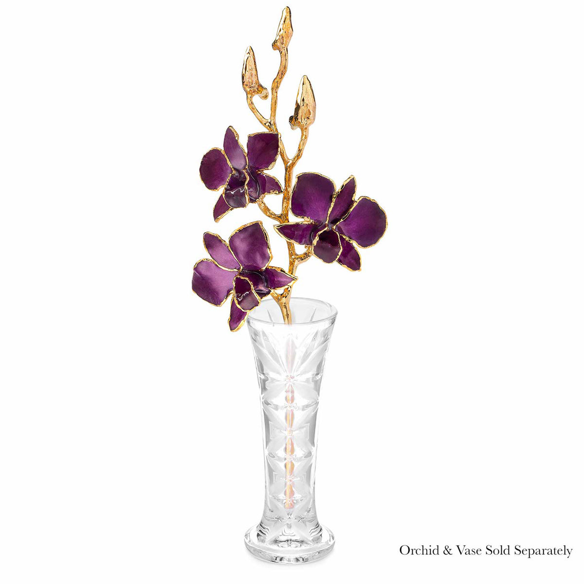 24K Gold Dipped Orchid in Purple view of gold stem and flowers in optional crystal vase