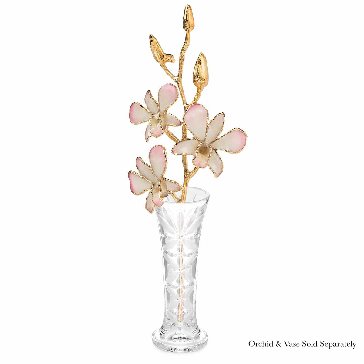 24K Gold Dipped Orchid in White to Pink view of gold stem and flowers in optional crystal vase