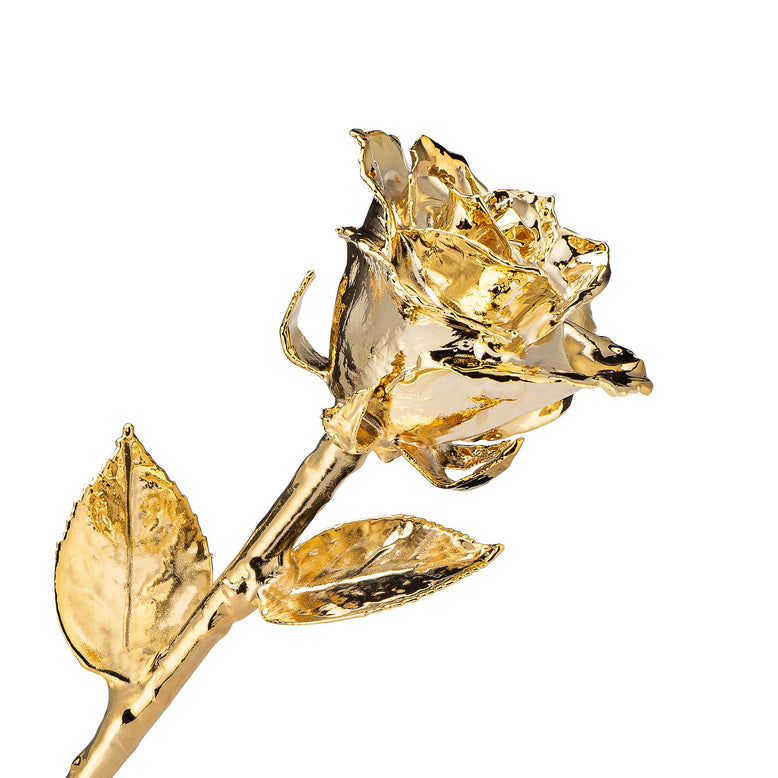 Real 24K Gold Forever Rose. Rose is fully dipped in gold. View shows the rose petals, sepals, stem, and leaves covered in 24 karat gold.