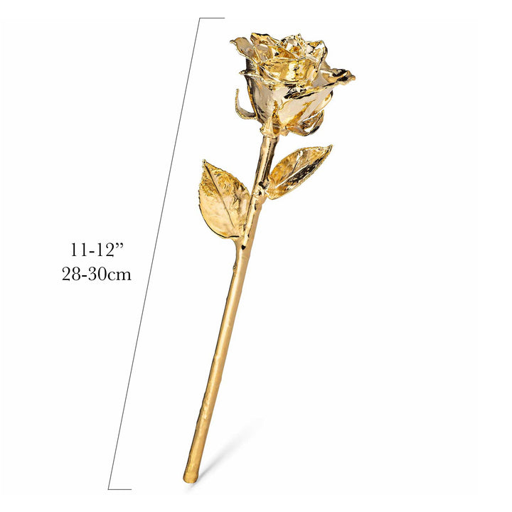 Real 24K Gold Forever Rose. Rose is fully dipped in gold. View shows the rose petals, sepals, stem, and leaves covered in 24 karat gold. The measurements 11 to 12 inches, 28-30 cm are shown.