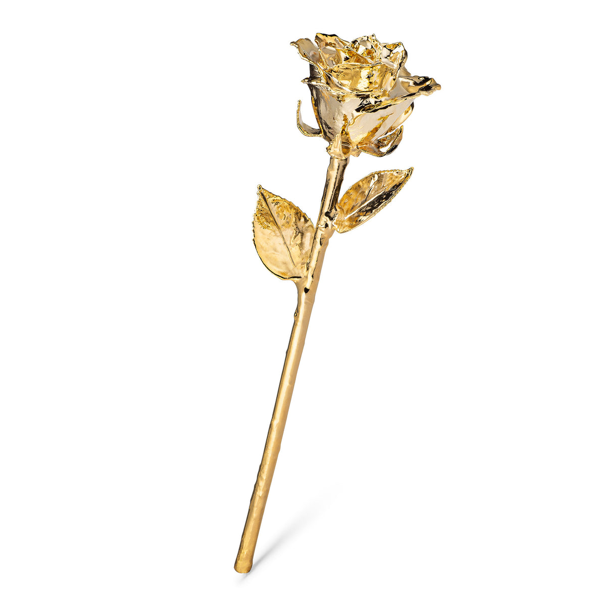 Real 24K Gold Forever Rose. Rose is fully dipped in gold. View shows the rose petals, sepals, stem, and leaves covered in 24 karat gold. The entire stem is shown.