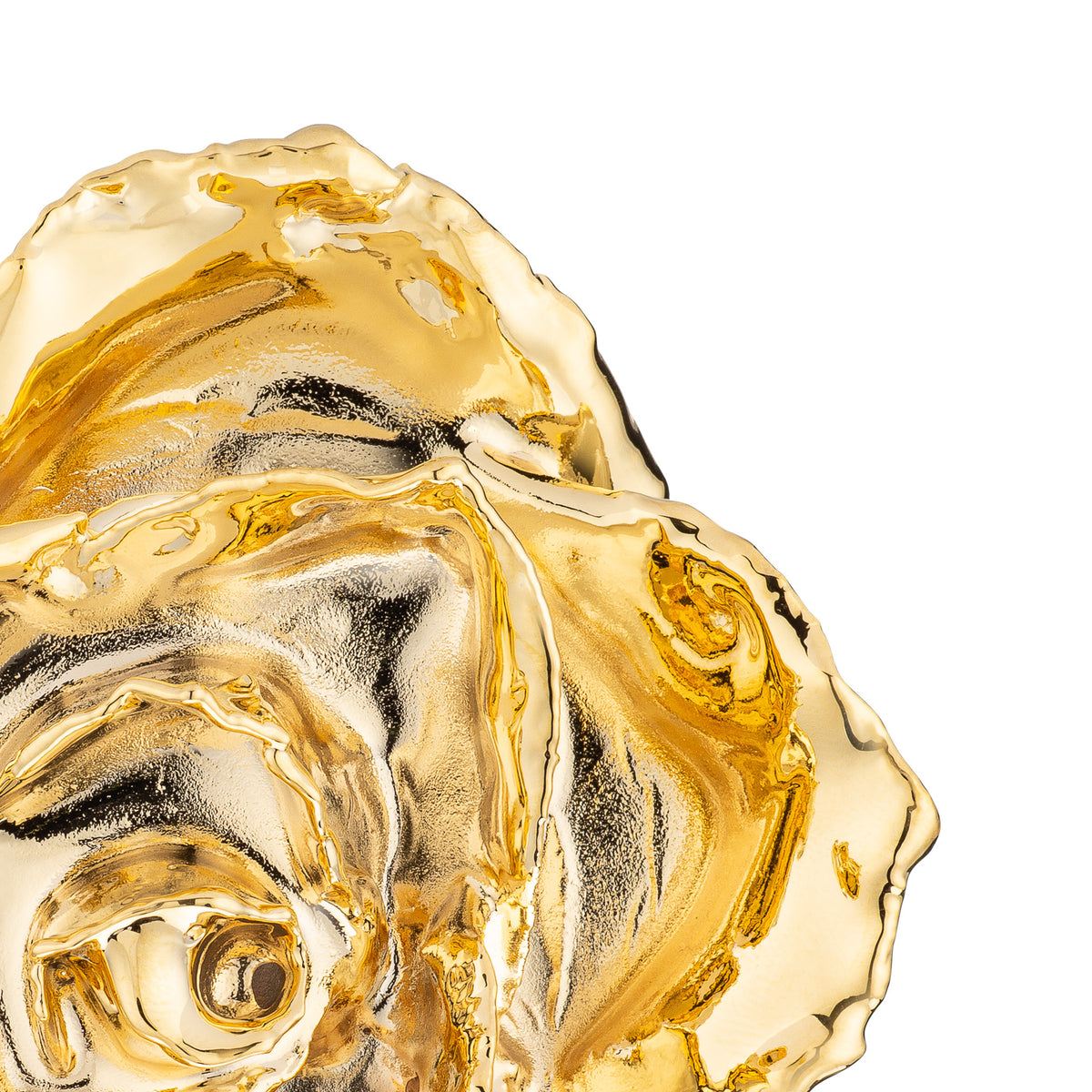 Real 24K Gold Forever Rose. Rose is fully dipped in gold. View shows the rose petals, sepals, stem, and leaves covered in 24 karat gold. This view is a close up view from the top.
