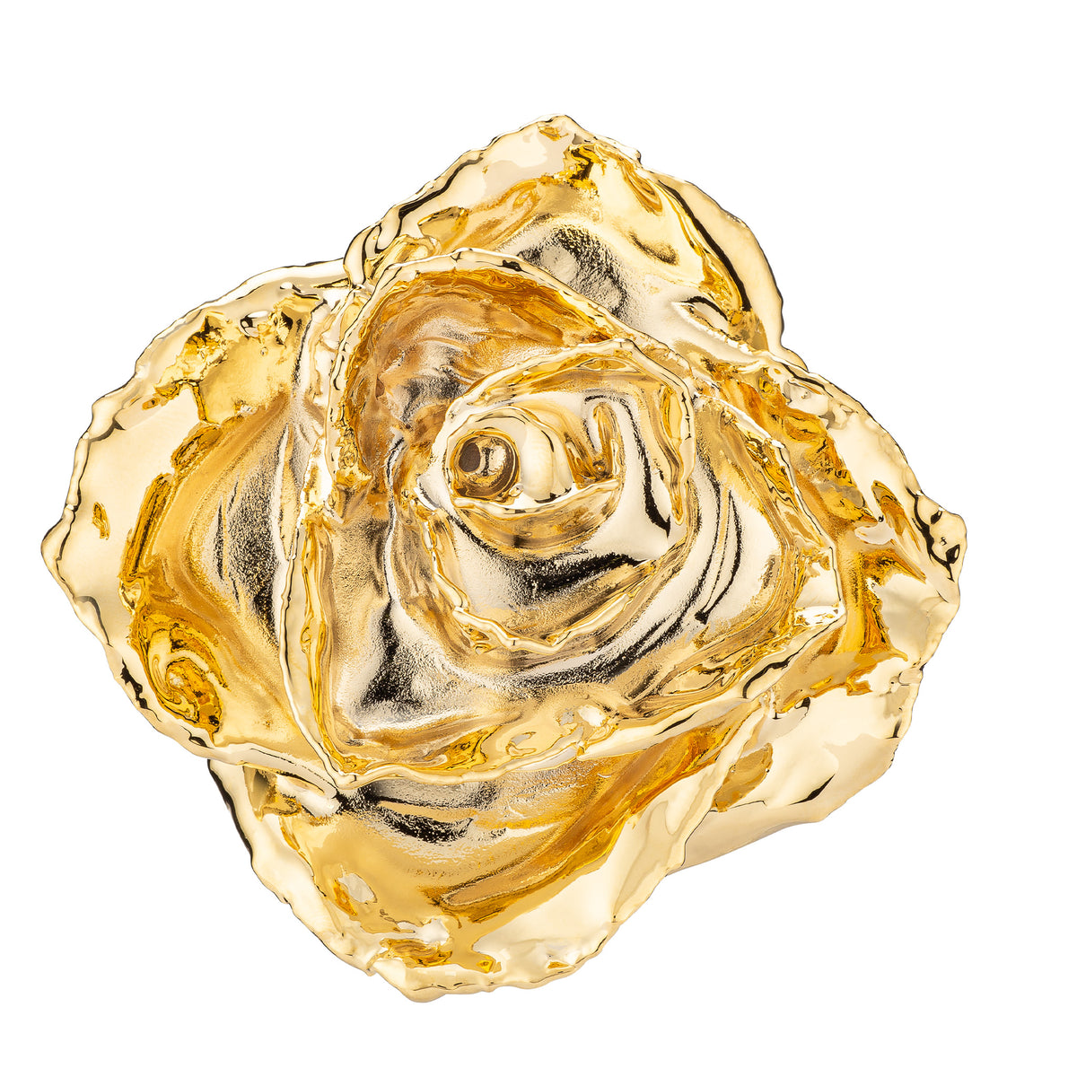 Real 24K Gold Forever Rose. Rose is fully dipped in gold. View looking down into the rose petals shows the rose petals covered in 24 karat gold.