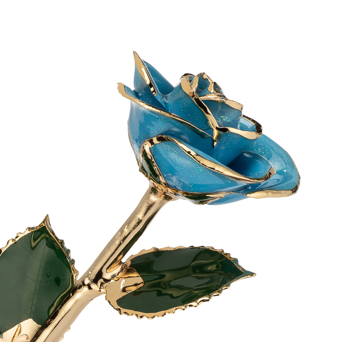 24K Gold Trimmed Forever Rose with Frozen Blue Petals with sparkles suspended in the finish. View of Stem, Leaves, and Rose Petals and Showing Detail of Gold Trim