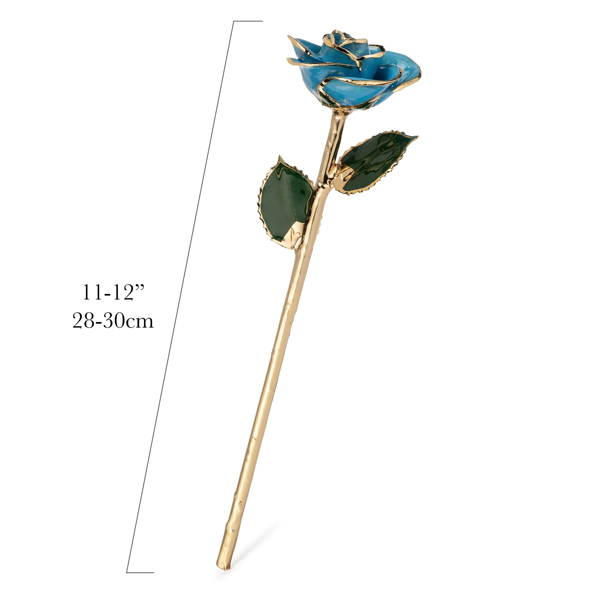 24K Gold Trimmed Forever Rose with Frozen Blue Petals with sparkles suspended in the finish. View of Stem, Leaves, and Rose Petals and Showing Detail of Gold Trim
