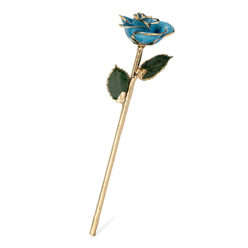 24K Gold Trimmed Forever Rose with Frozen Blue Petals with sparkles suspended in the finish. View of Stem, Leaves, and Rose Petals and Showing Detail of Gold Trim
