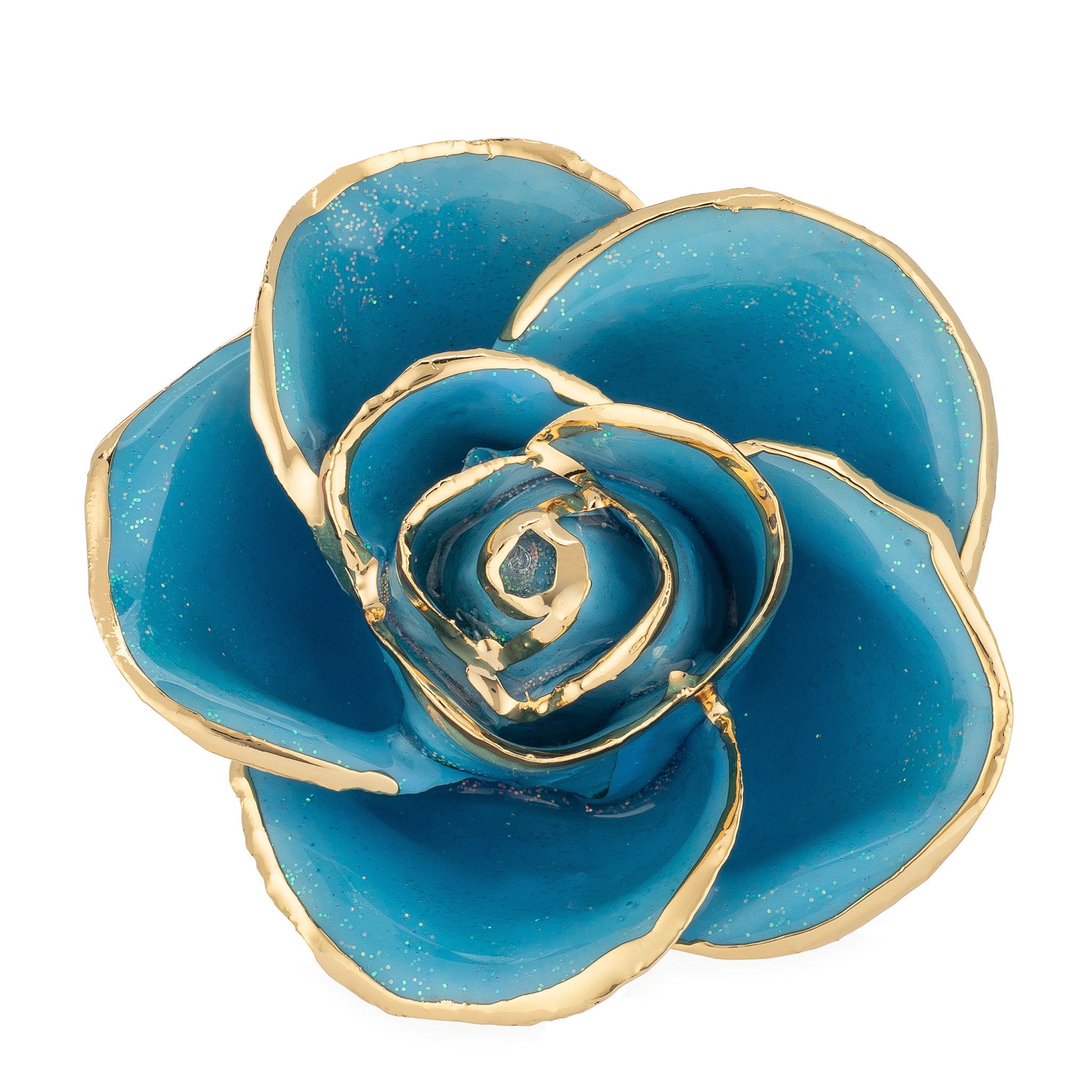 24K Gold Trimmed Forever Rose with Frozen Blue Petals with sparkles suspended in the finish. View of Stem, Leaves, and Rose Petals and Showing Detail of Gold Trim