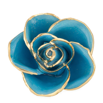 24K Gold Trimmed Forever Rose with Frozen Blue Petals with sparkles suspended in the finish. View of Stem, Leaves, and Rose Petals and Showing Detail of Gold Trim
