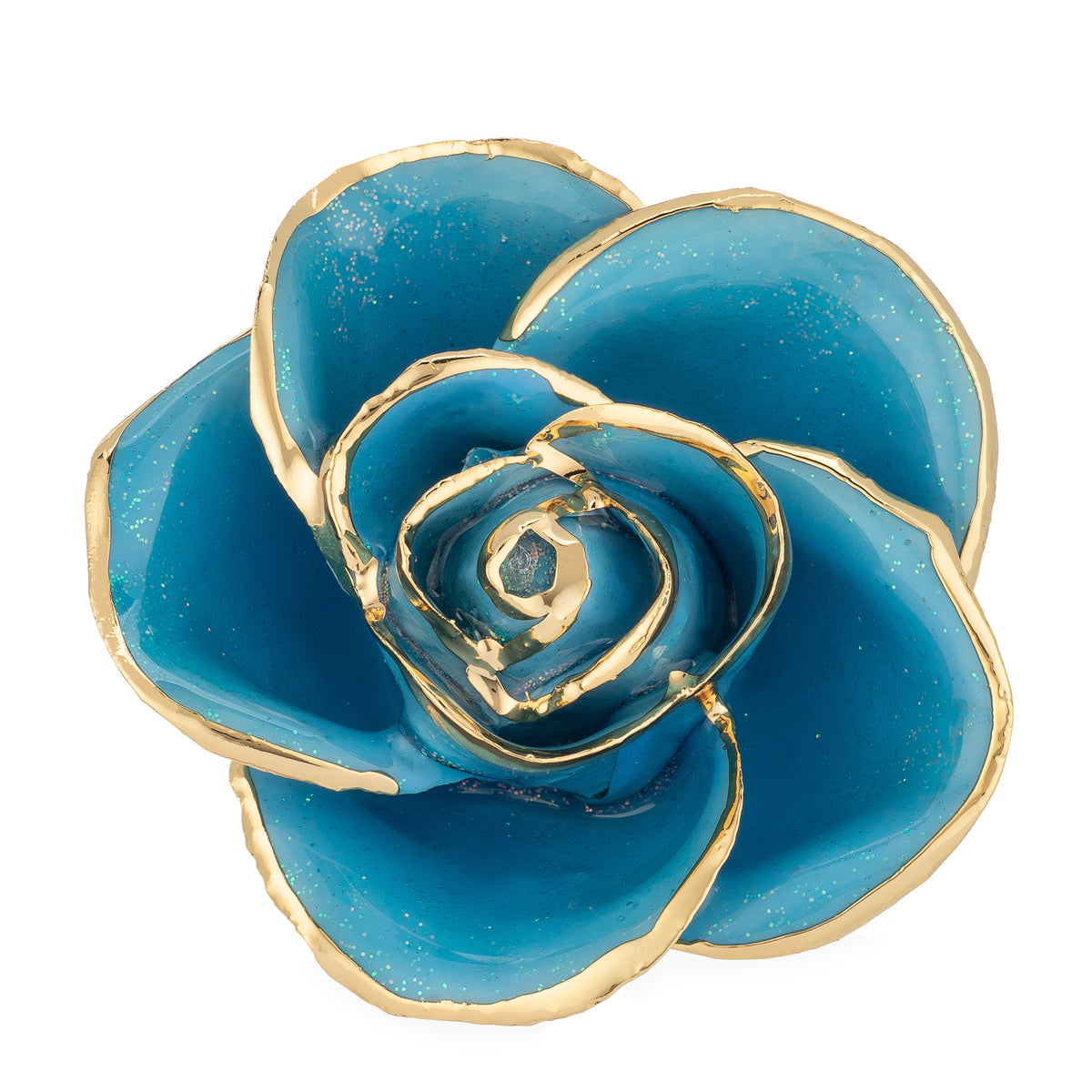 24K Gold Trimmed Forever Rose with Frozen Blue Petals with sparkles suspended in the finish. View of Stem, Leaves, and Rose Petals and Showing Detail of Gold Trim