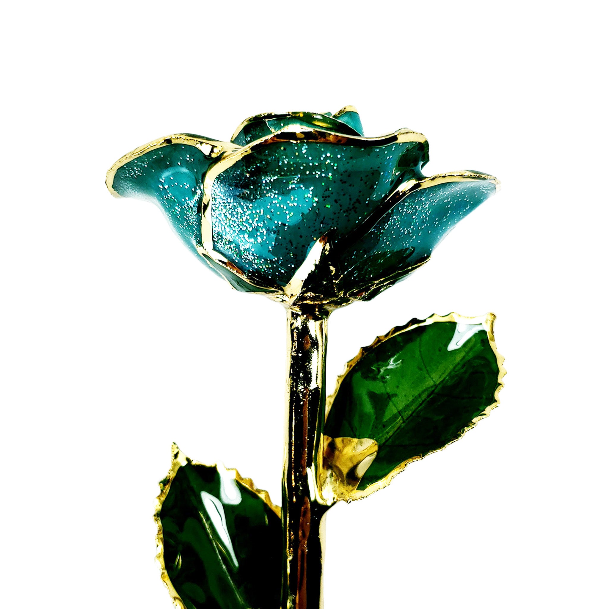 24K Gold Trimmed Forever Rose with Teal Petals with sparkles suspended in the finish. View of Stem, Leaves, and Rose Petals and Showing Detail of Gold Trim