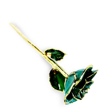 24K Gold Trimmed Forever Rose with Teal Petals with sparkles suspended in the finish. View of Stem, Leaves, and Rose Petals and Showing Detail of Gold Trim