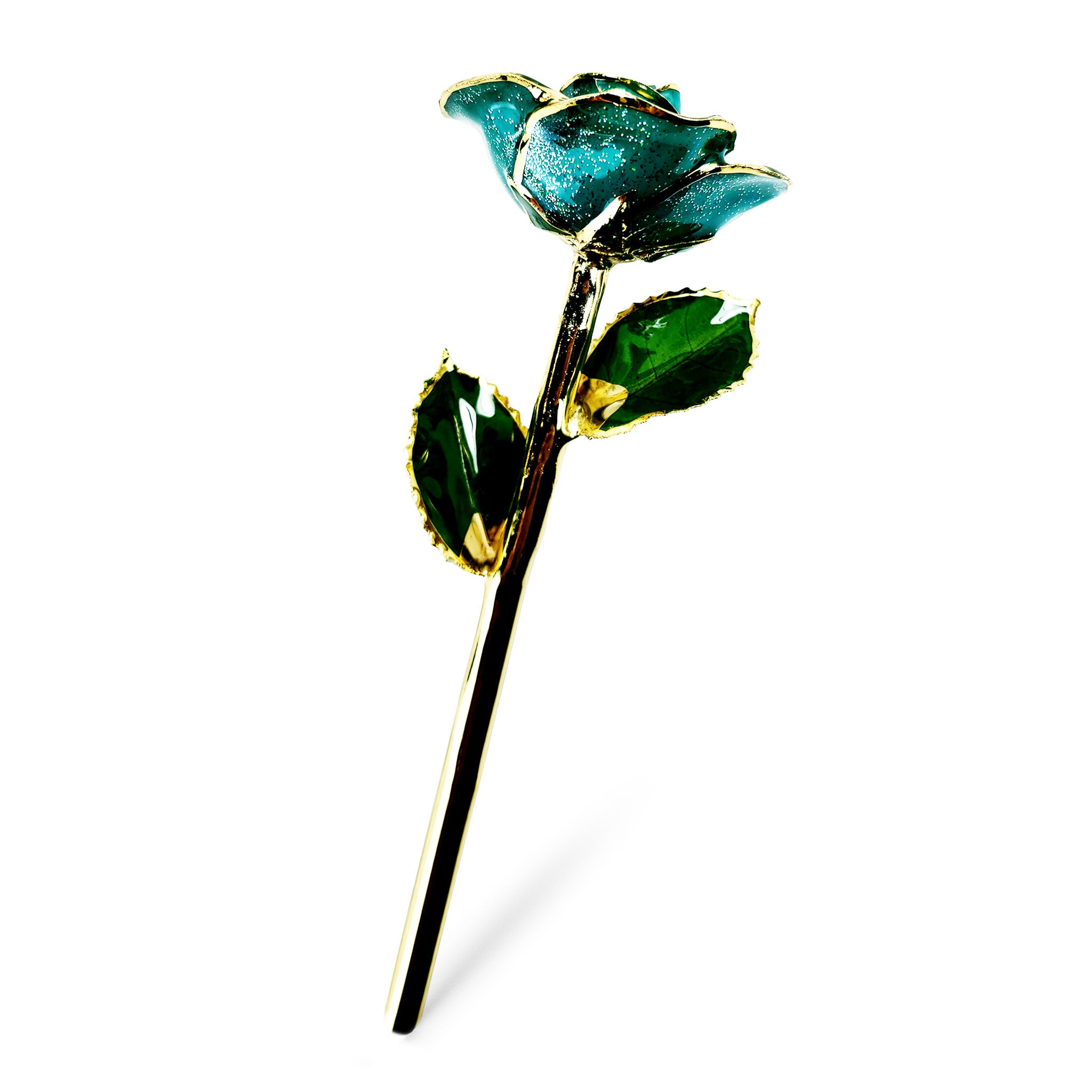 24K Gold Trimmed Forever Rose with Teal Petals with sparkles suspended in the finish. View of Stem, Leaves, and Rose Petals and Showing Detail of Gold Trim