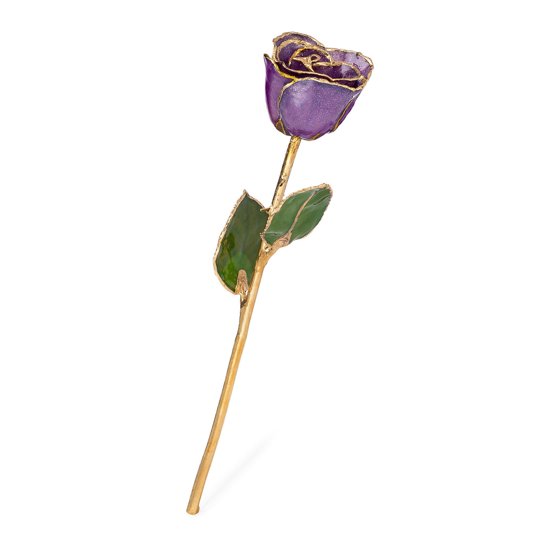 24K Gold Trimmed Forever Rose with Amethyst (purple color) with sparkles suspended in the finish. View of Stem, Leaves, and Rose Petals and Showing Detail of Gold