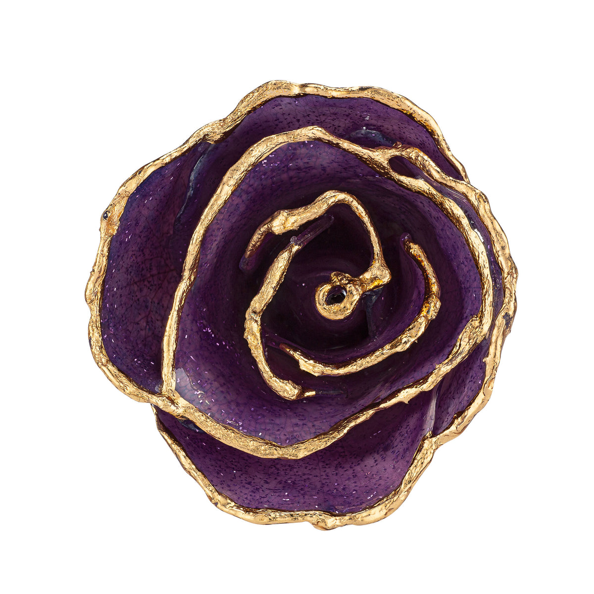 24K Gold Trimmed Forever Rose with Amethyst (purple color) with sparkles suspended in the finish. View of Stem, Leaves, and Rose Petals and Showing Detail of Gold