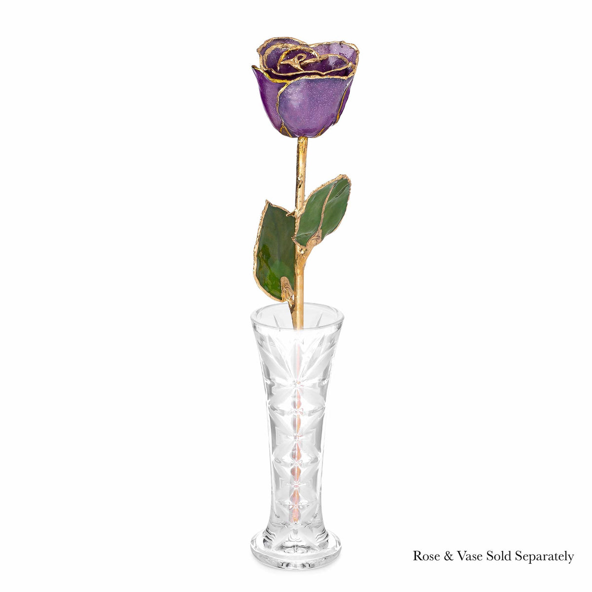 24K Gold Trimmed Forever Rose with Amethyst (purple color) with sparkles suspended in the finish. View of Stem, Leaves, and Rose Petals and Showing Detail of Gold. shown with optional vase.