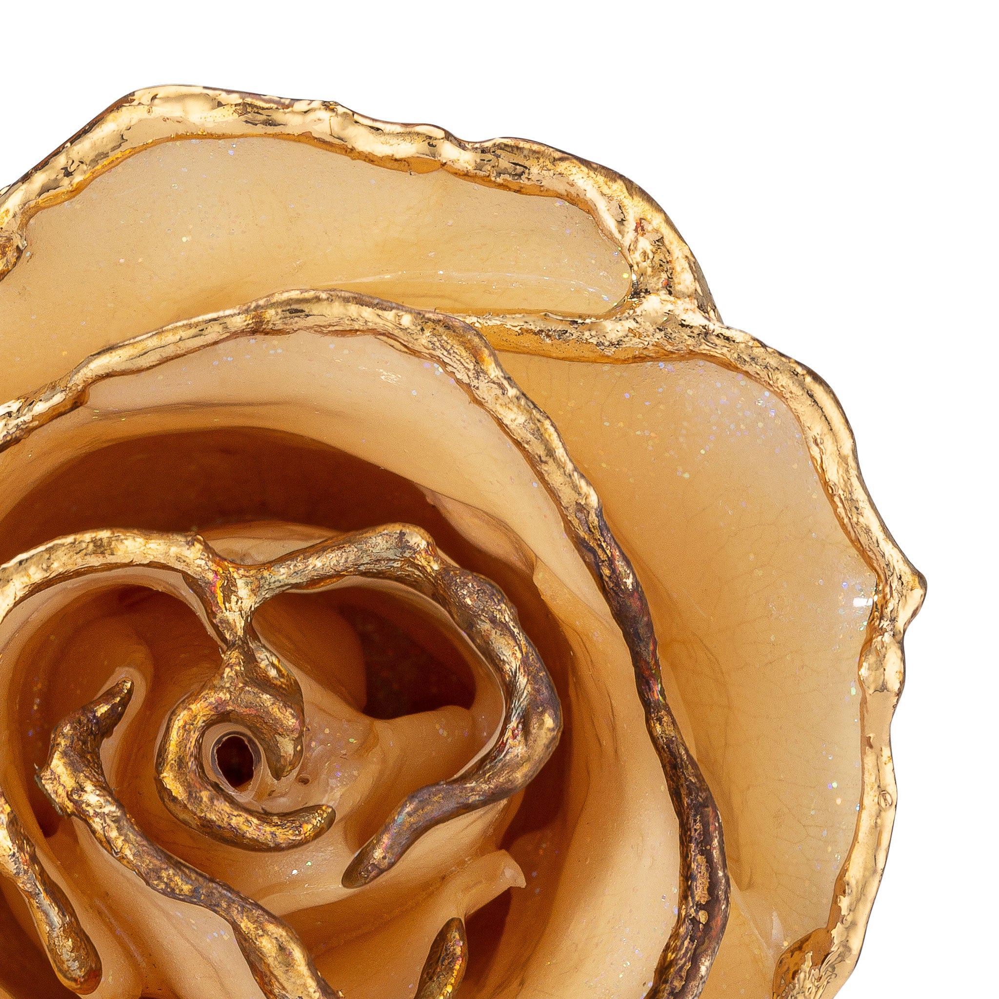 24K Gold Trimmed Forever Rose with Diamond Petals with Sparkles. View of Stem, Leaves, and Rose Petals and Showing Detail of Gold Trim Top Zoom View