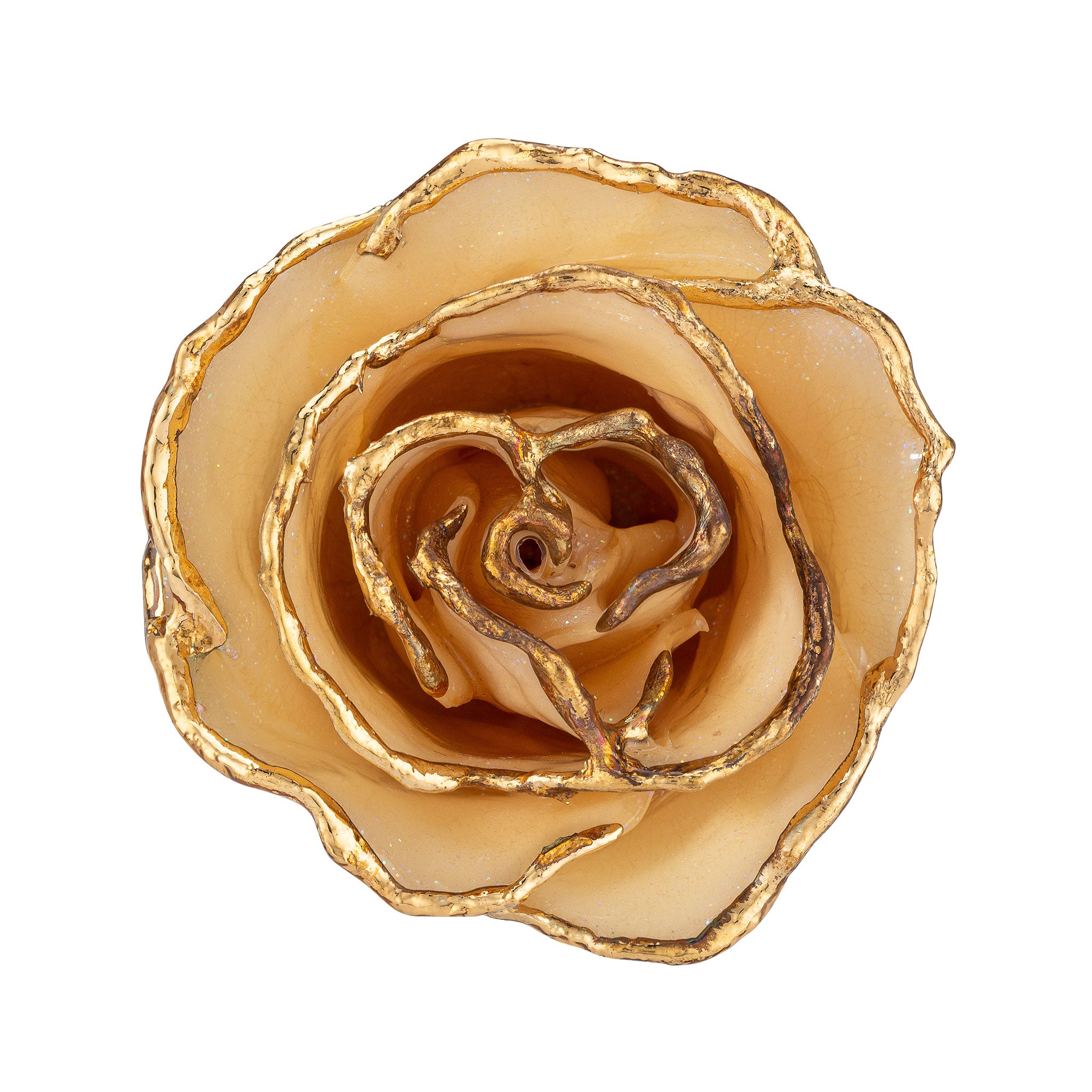 24K Gold Trimmed Forever Rose with Diamond Petals with Sparkles. View of Stem, Leaves, and Rose Petals and Showing Detail of Gold Trim View From the top 
