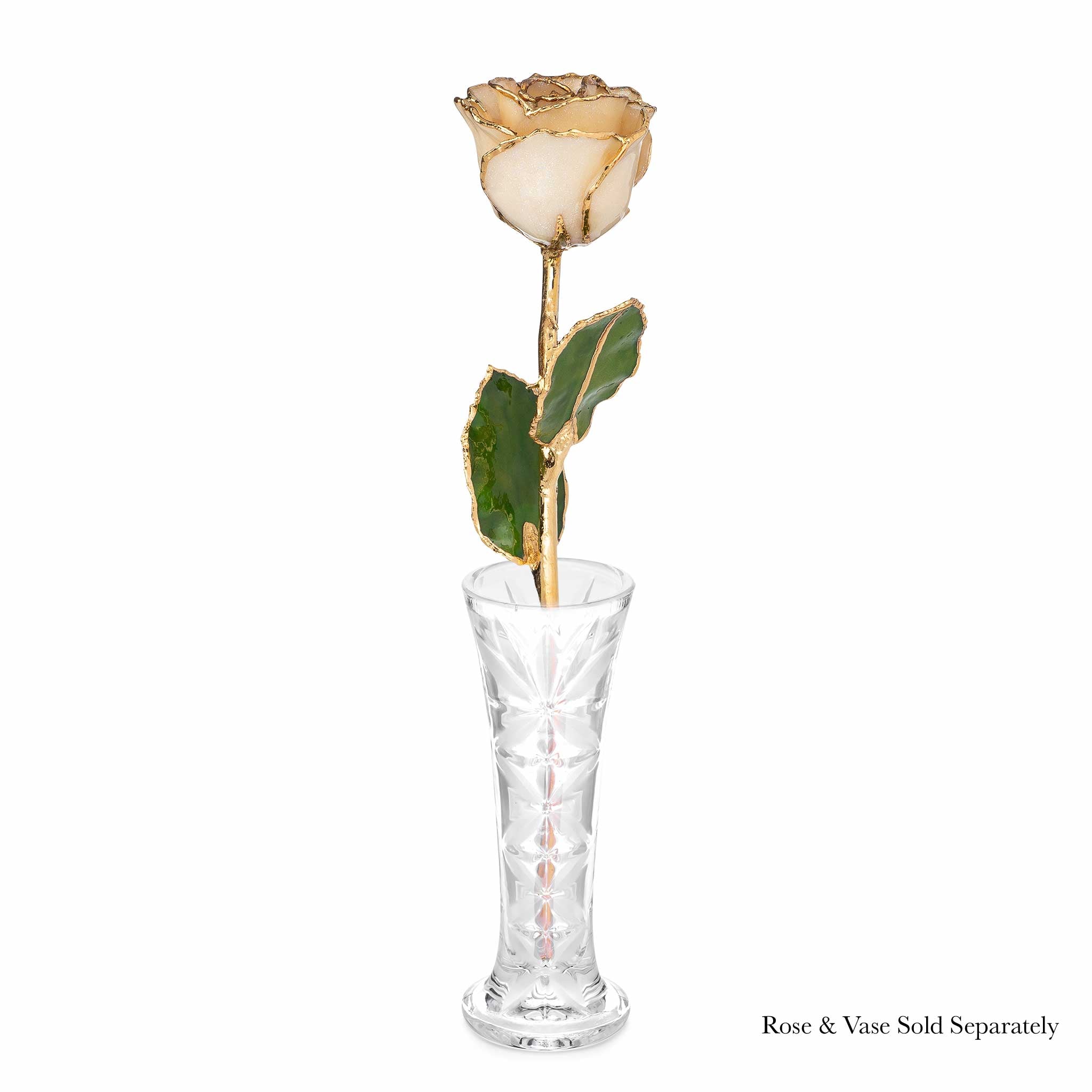 24K Gold Trimmed Forever Rose with Diamond Petals with Sparkles. View of Stem, Leaves, and Rose Petals and Showing Detail of Gold Trim shown in optional crystal vase