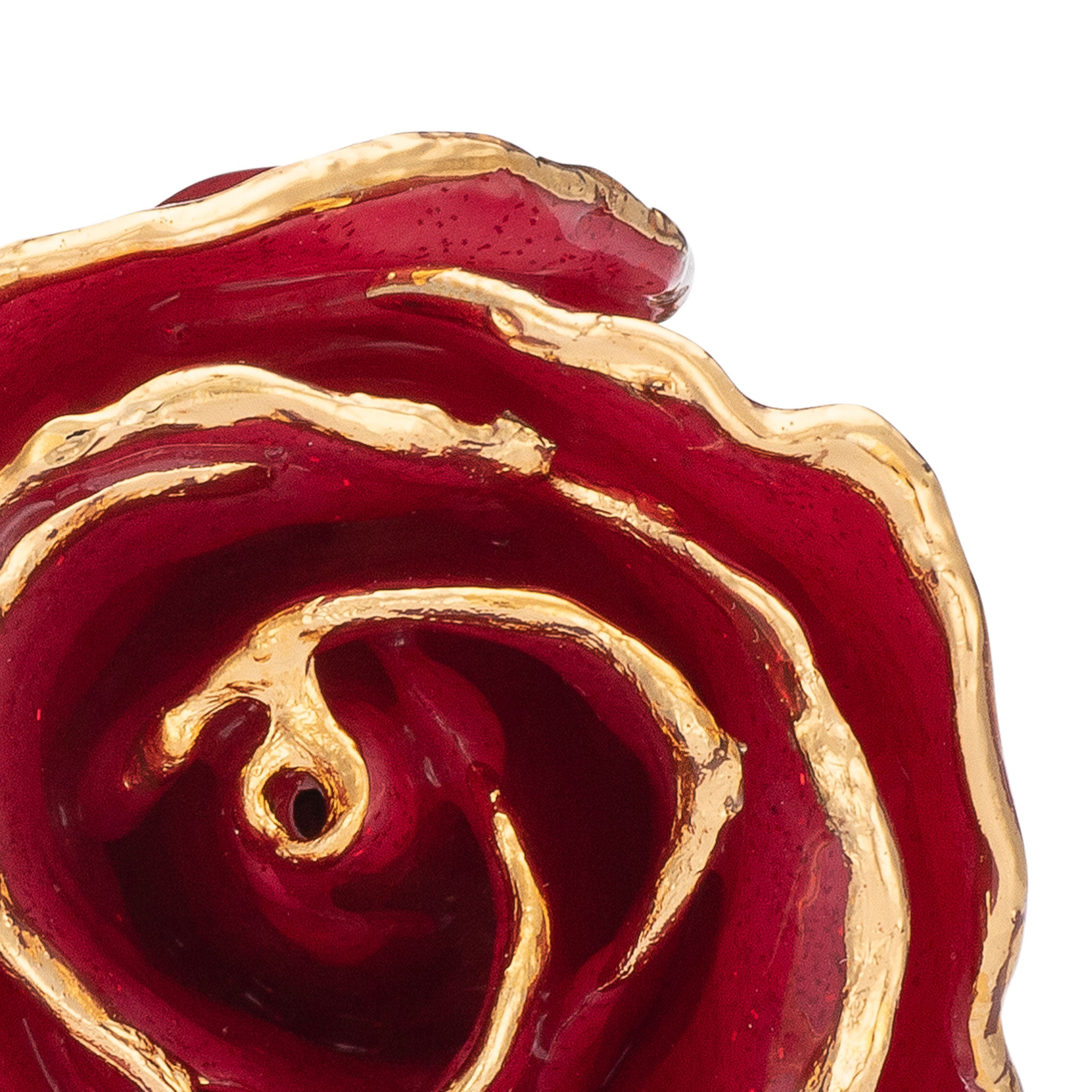 24K Gold Trimmed Forever Rose with Red Petals with Suspended Sparkles. View of Stem, Leaves, and Rose Petals and Showing Detail of Gold Trim zoomed in view from top